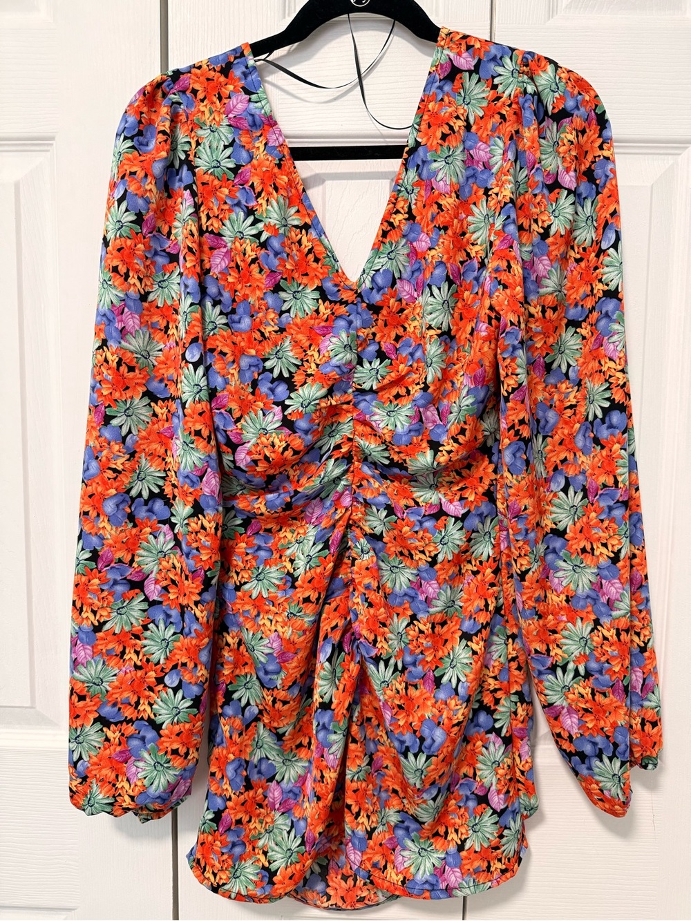 VILA Orange Multi Floral V-Neck Ruched Mini Dress